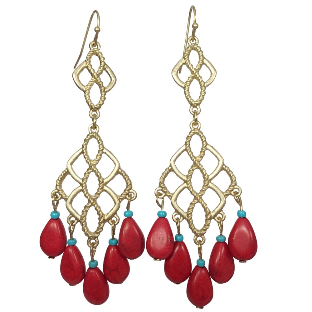 Long Gold Tone Filigree Red Stone Statement Dangle Earrings